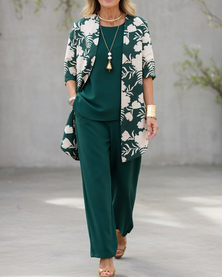 Women's 3-Piece Pants Set Polyester Floral Jacket Autumn Outfit
