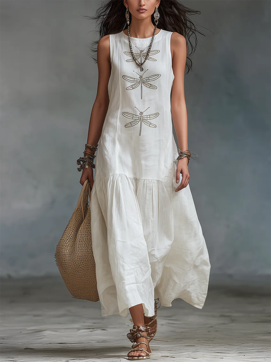 Women's Embroidered Cotton Linen Maxi Dress Autumn Casual Outfit