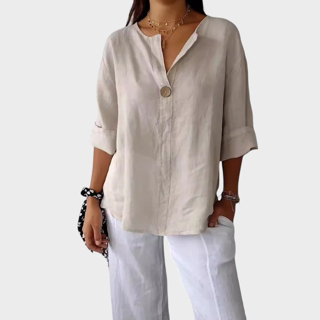 Women's Linen V-Neck Blouse Autumn Casual Shirt