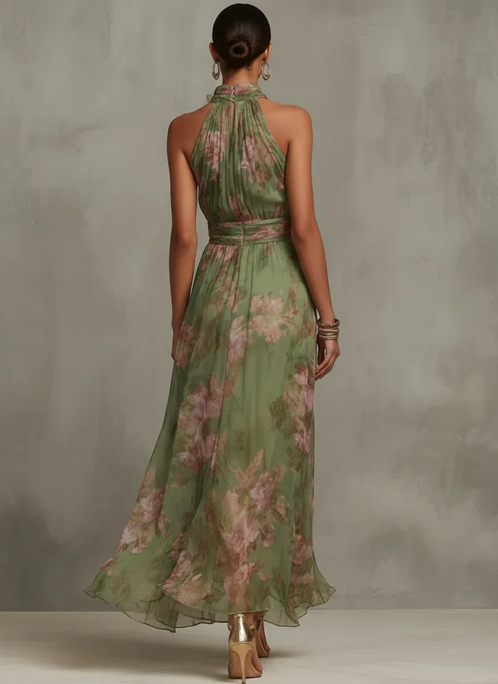 Midi Dress for Women Fall Cotton Halter Dress with Pleated Skirt and Floral Print