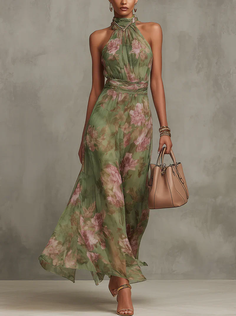 Midi Dress for Women Fall Cotton Halter Dress with Pleated Skirt and Floral Print