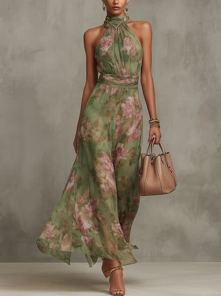 Midi Dress for Women Fall Cotton Halter Dress with Pleated Skirt and Floral Print