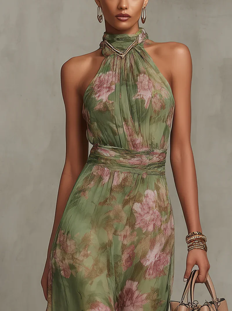 Midi Dress for Women Fall Cotton Halter Dress with Pleated Skirt and Floral Print