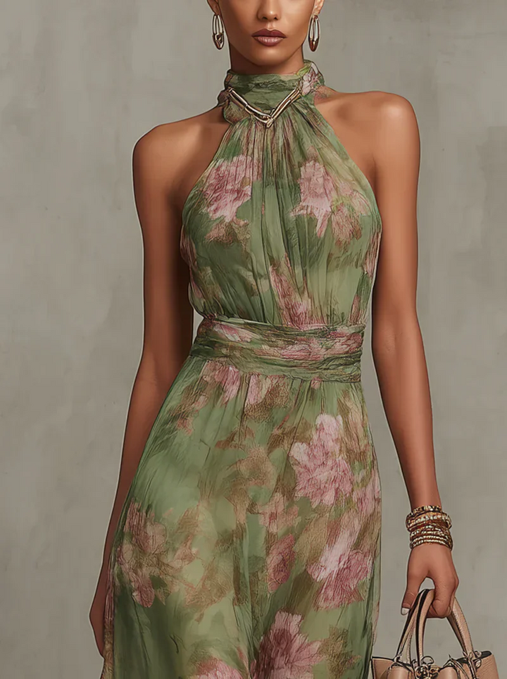 Midi Dress for Women Fall Cotton Halter Dress with Pleated Skirt and Floral Print