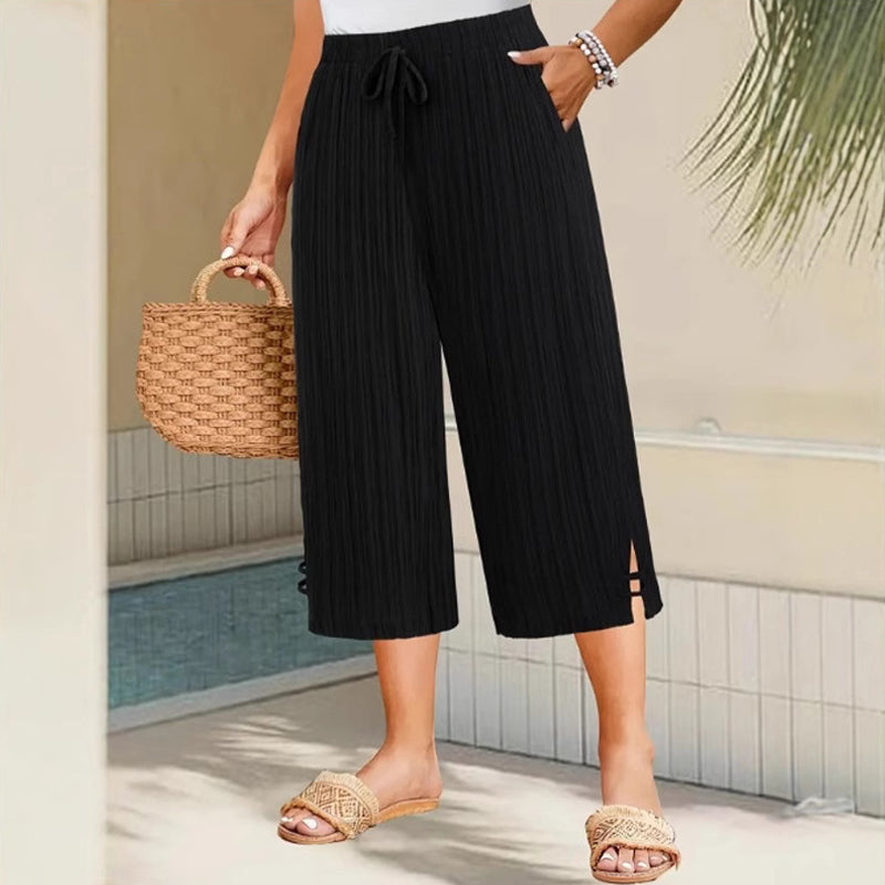 Women's Cotton Linen Wide Leg Cropped Pants Spring Drawstring Culottes Plus Size Trousers