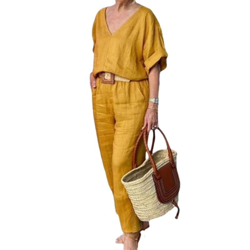 Women's Two Piece Set Spring Linen Look V-Neck Top and Straight Leg Pants Casual Outfit