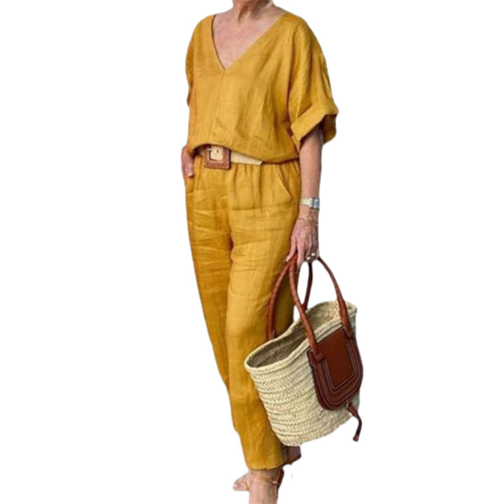 Women's Two Piece Set Spring Linen Look V-Neck Top and Straight Leg Pants Casual Outfit