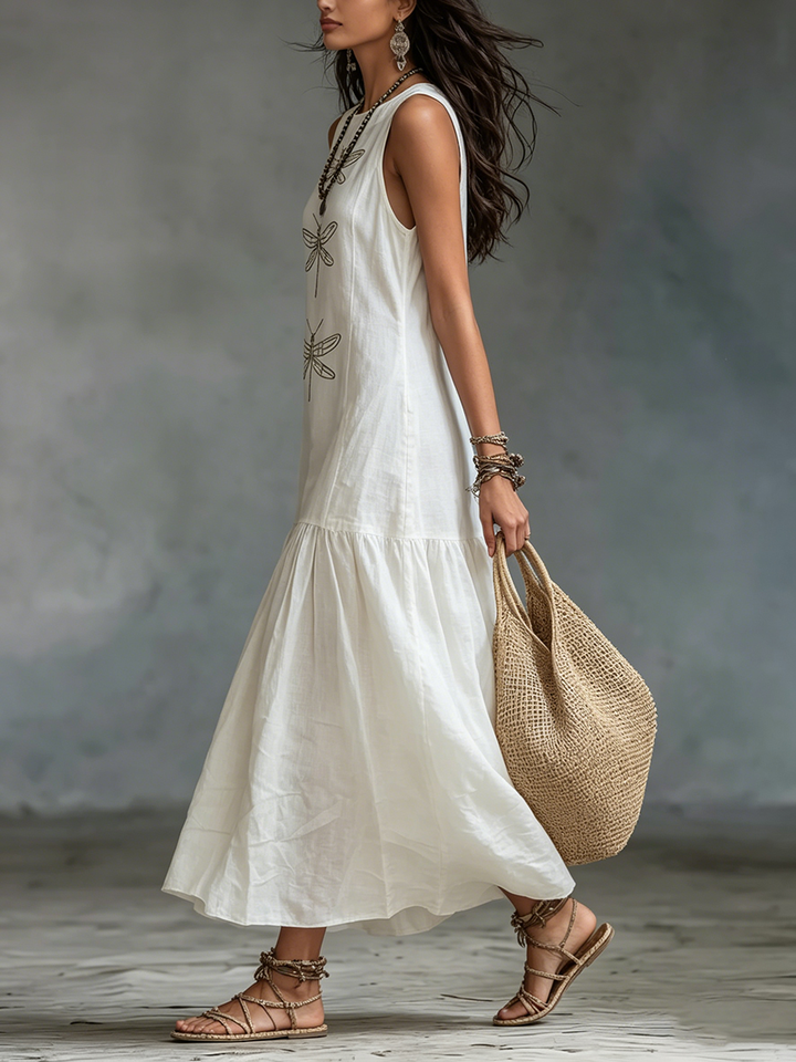 Women's Embroidered Cotton Linen Maxi Dress Autumn Casual Outfit