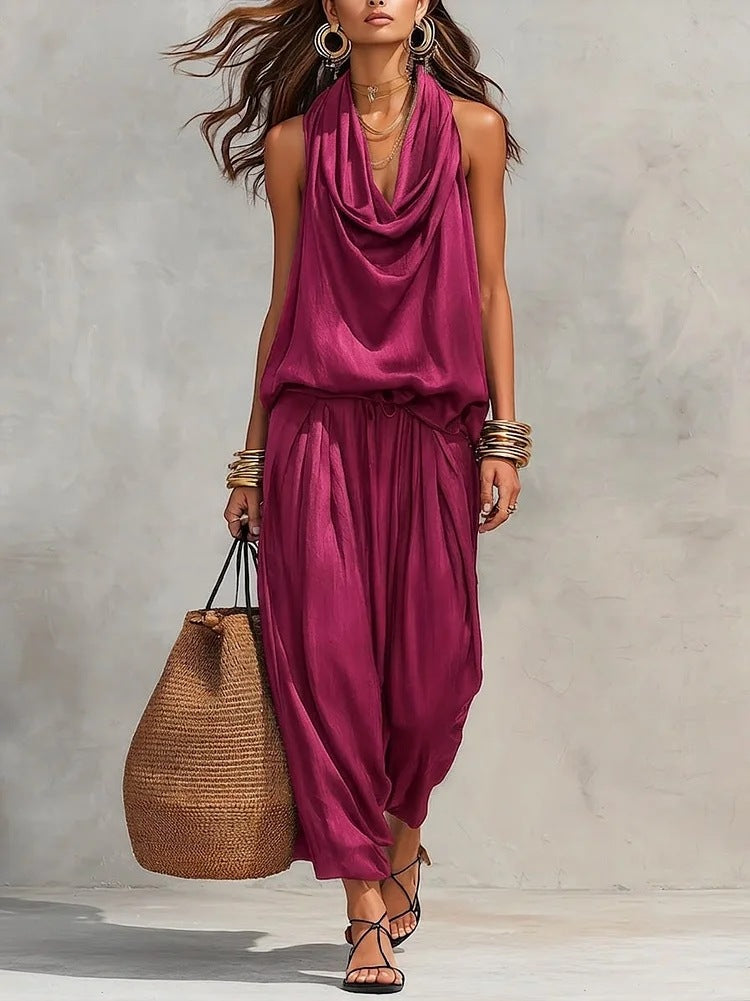 Women's Draped Top and Wide-Leg Pants Two-Piece Set Autumn Outfit