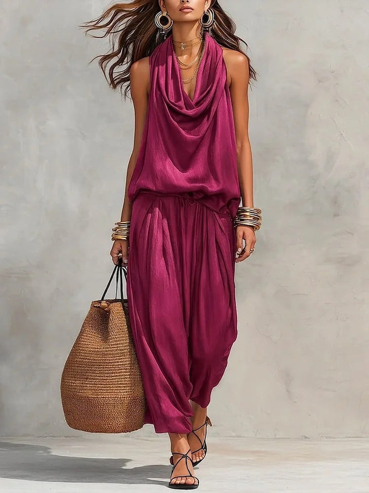 Women's Draped Top and Wide-Leg Pants Two-Piece Set Autumn Outfit