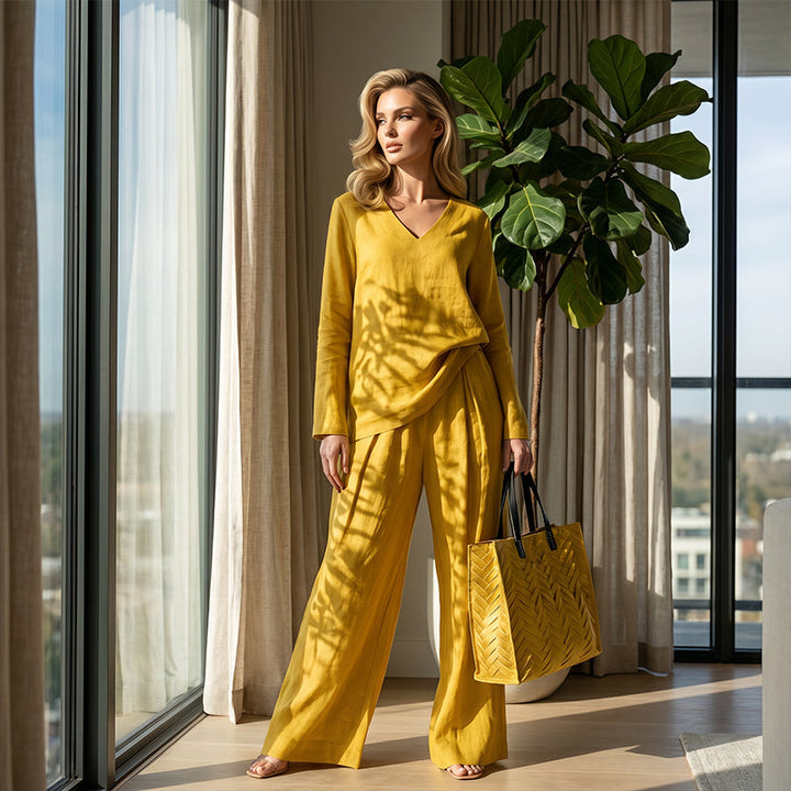 Women's V-Neck Two-Piece Set Autumn Wide-Leg Trousers Set