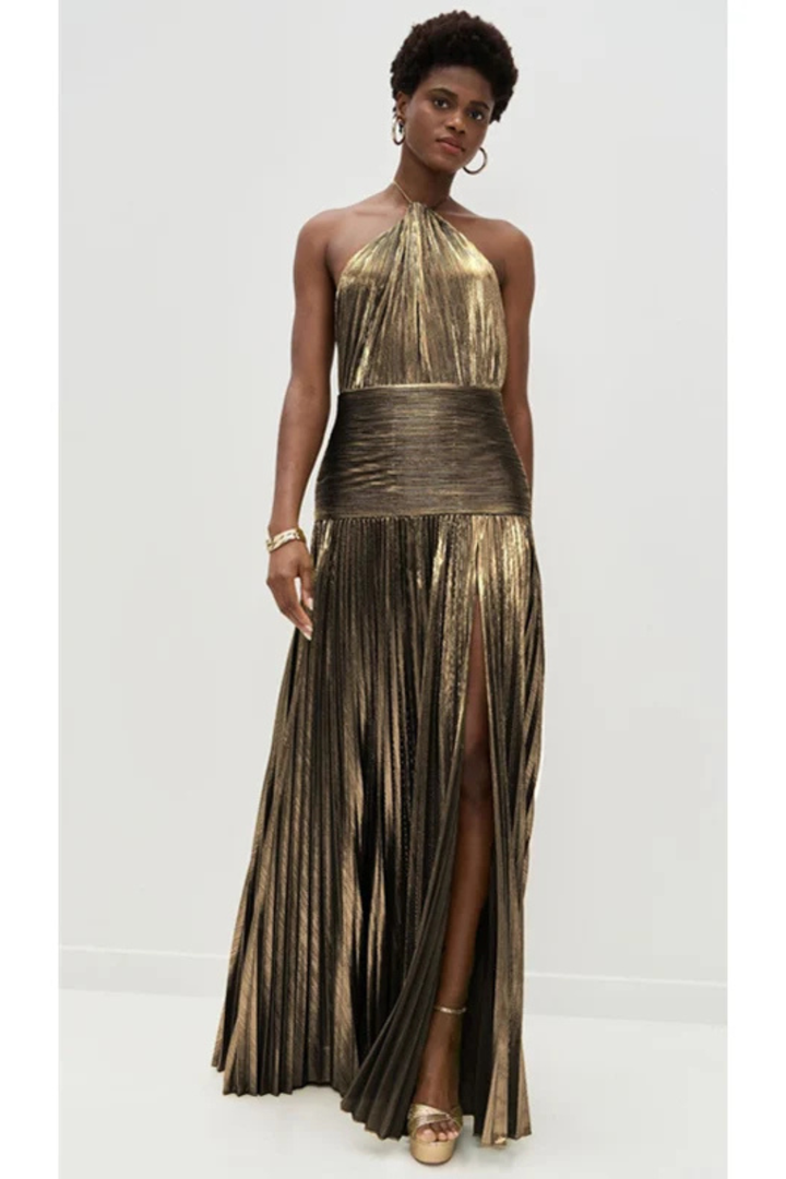 Women's Satin Pleated Maxi Dress with Halter Neck Formal Evening Autumn