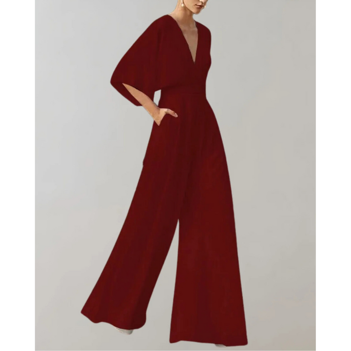 Women's Elegant Wide-Leg Jumpsuit with V-Neck and Loose Sleeves for Autumn