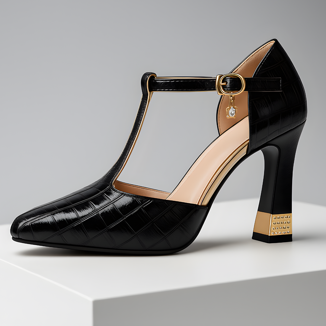 Women's Leather T-Strap Block Heels Autumn Party Shoes