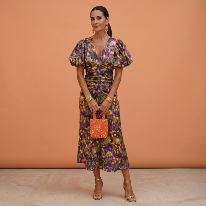 Women's Puff Sleeve V-Neck Midi Casual Dress Autumn Layering Outfit