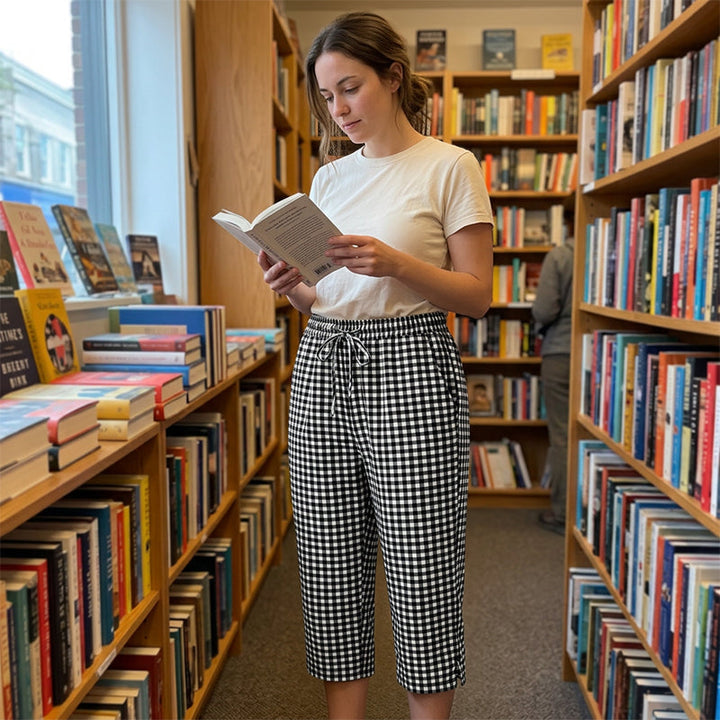 Women's Cotton Capri Pants Autumn Gingham Cropped Trousers