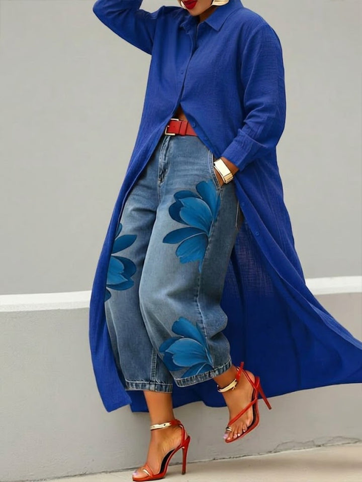 Women's Cotton Midi Shirt Dress Autumn Long-Sleeve Casual Dress