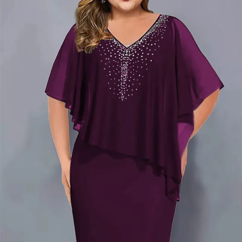 Women's Chiffon Cape Midi Dress Spring Rhinestone V Neck Bodycon Cocktail Party Dress