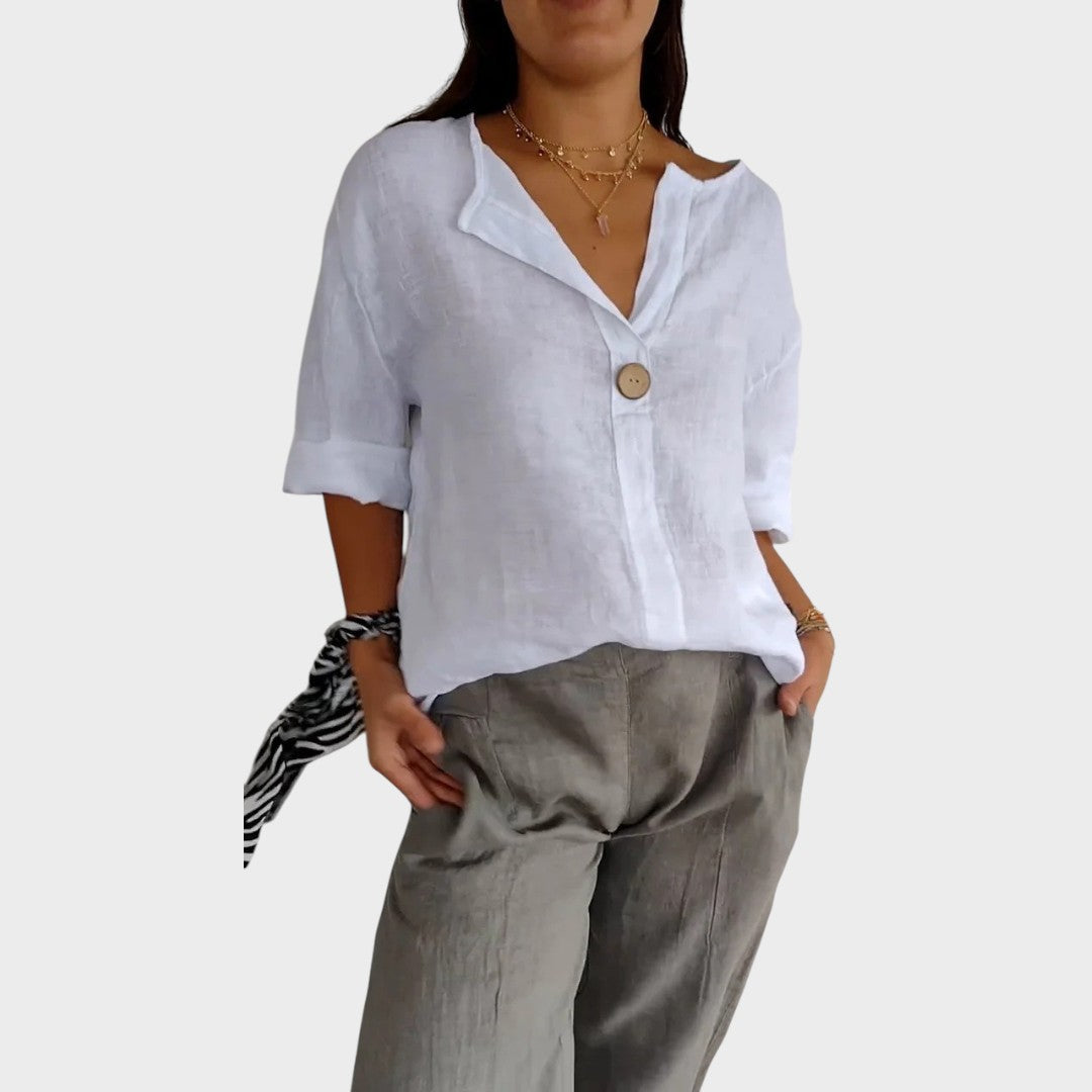 Women's Linen V-Neck Blouse Autumn Casual Shirt