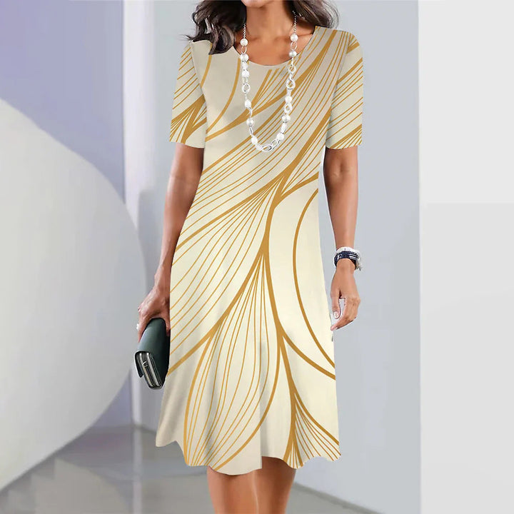 Women's Cotton Blend A-Line Midi Dress Spring Short Sleeve Geometric Print Casual Dress