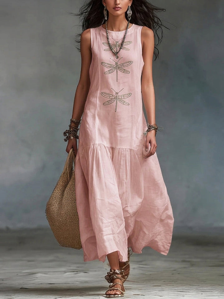 Women's Embroidered Cotton Linen Maxi Dress Autumn Casual Outfit