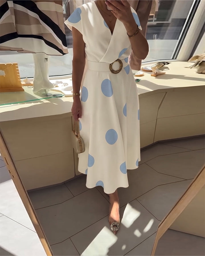 Women's Polka Dot V Neck Midi Dress Autumn Casual Dress