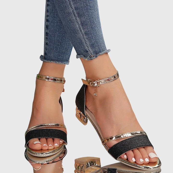 Women's Low Block Heel Sandals Spring Ankle Strap Open Toe Glitter Dress Sandals for Summer