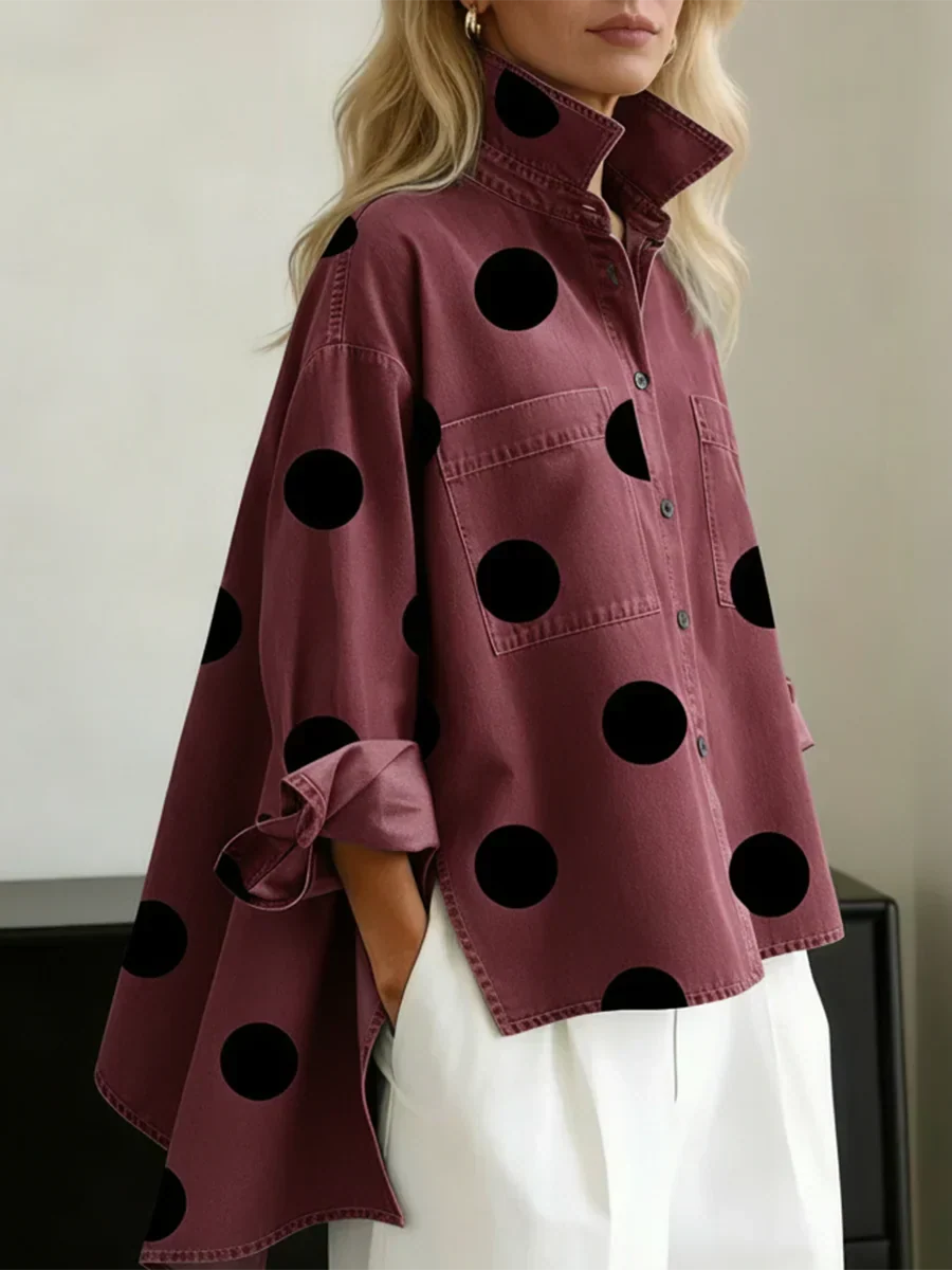 Women's Cotton Oversized Polka Dot Blouse Autumn Casual Top