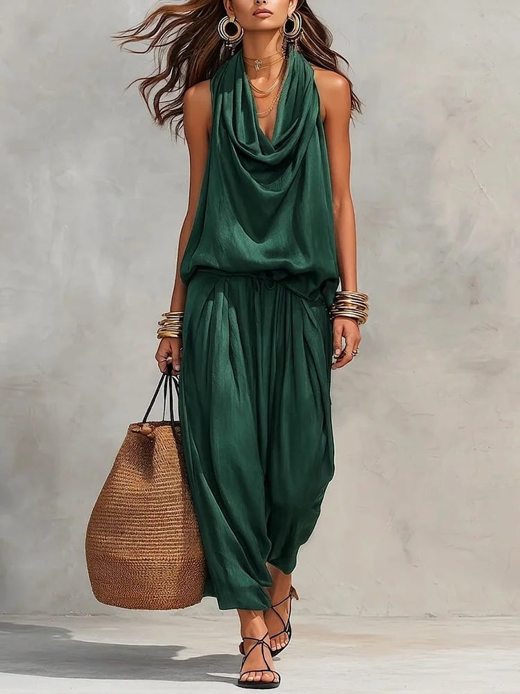 Women's Draped Top and Wide-Leg Pants Two-Piece Set Autumn Outfit