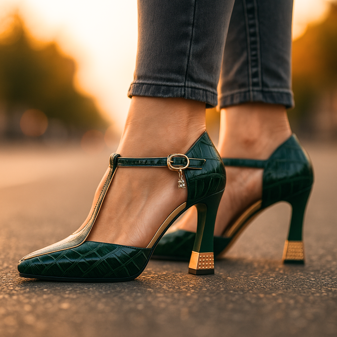 Women's Leather T-Strap Block Heels Autumn Party Shoes