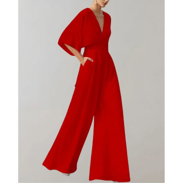 Women's Elegant Wide-Leg Jumpsuit with V-Neck and Loose Sleeves for Autumn