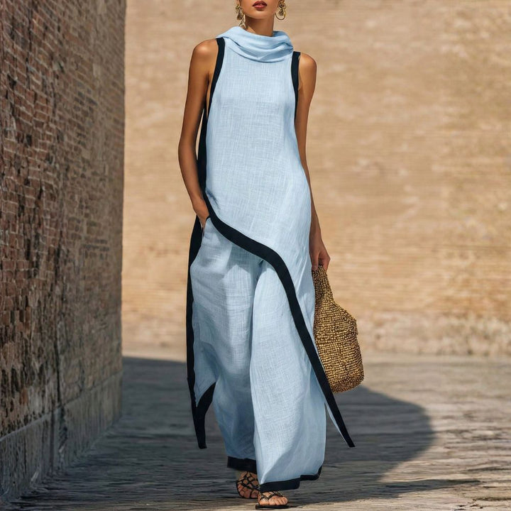 Women's Cotton Linen Tunic Set Autumn Asymmetric Top & Wide-Leg Pants