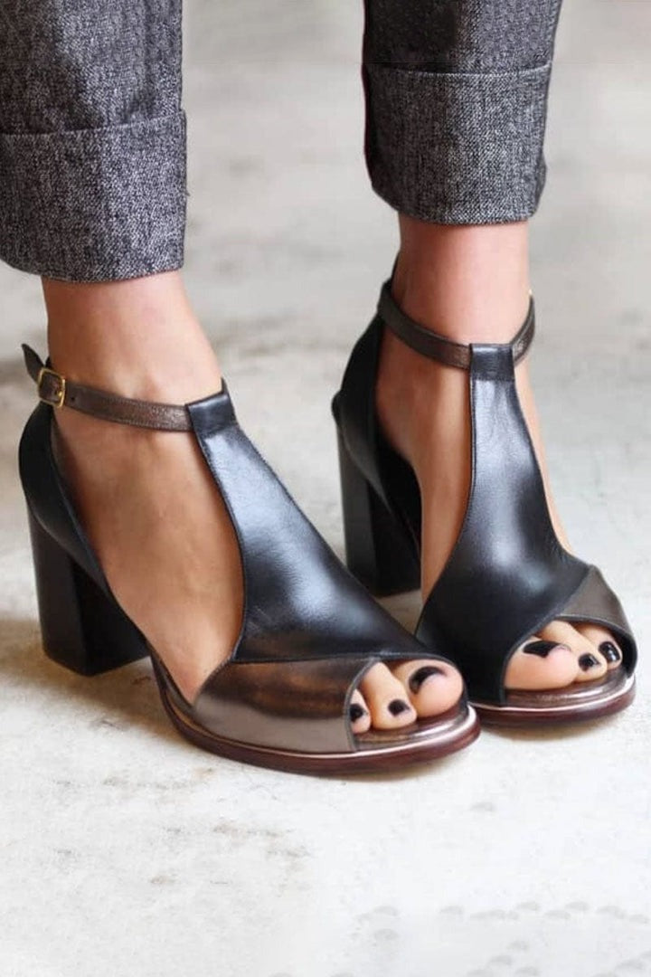 Women's Leather Block Heel Sandals Spring Open Toe Ankle Strap Heeled Sandals for Work