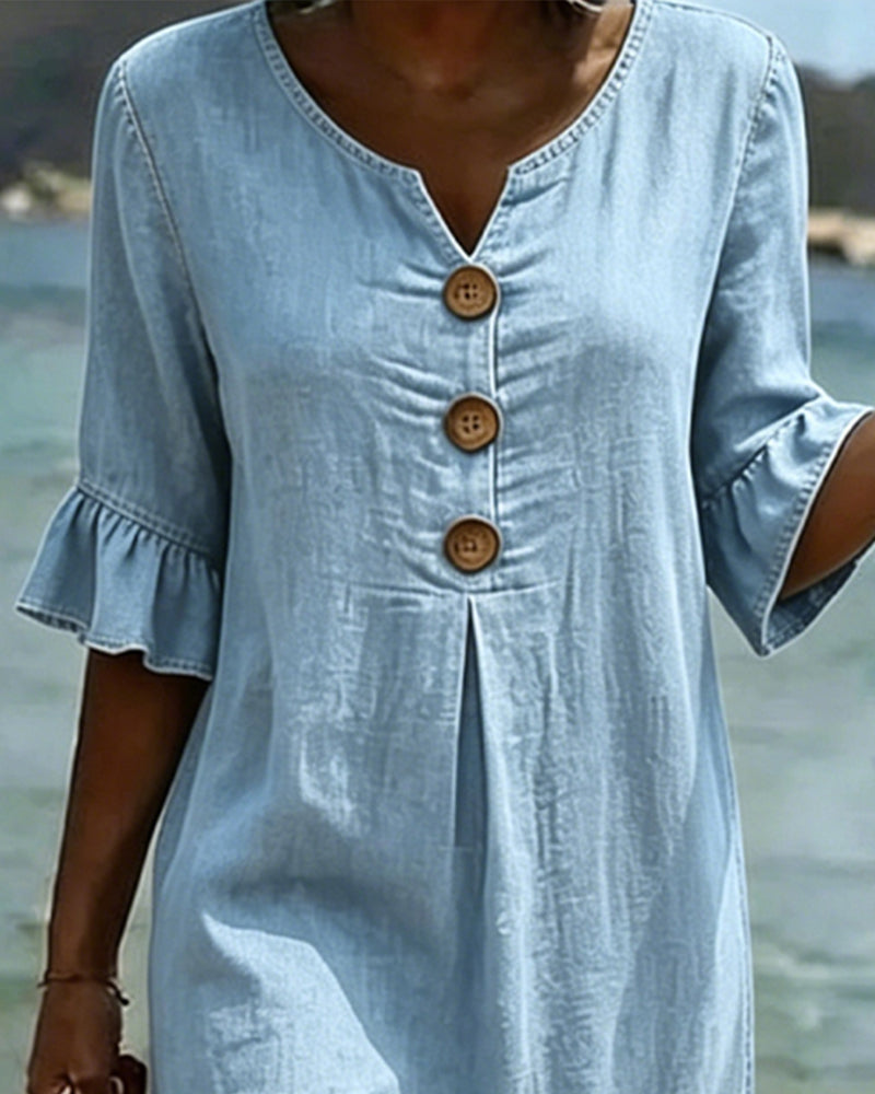 Women's Denim Flared Sleeve Mini Dress Autumn Casual Outfit