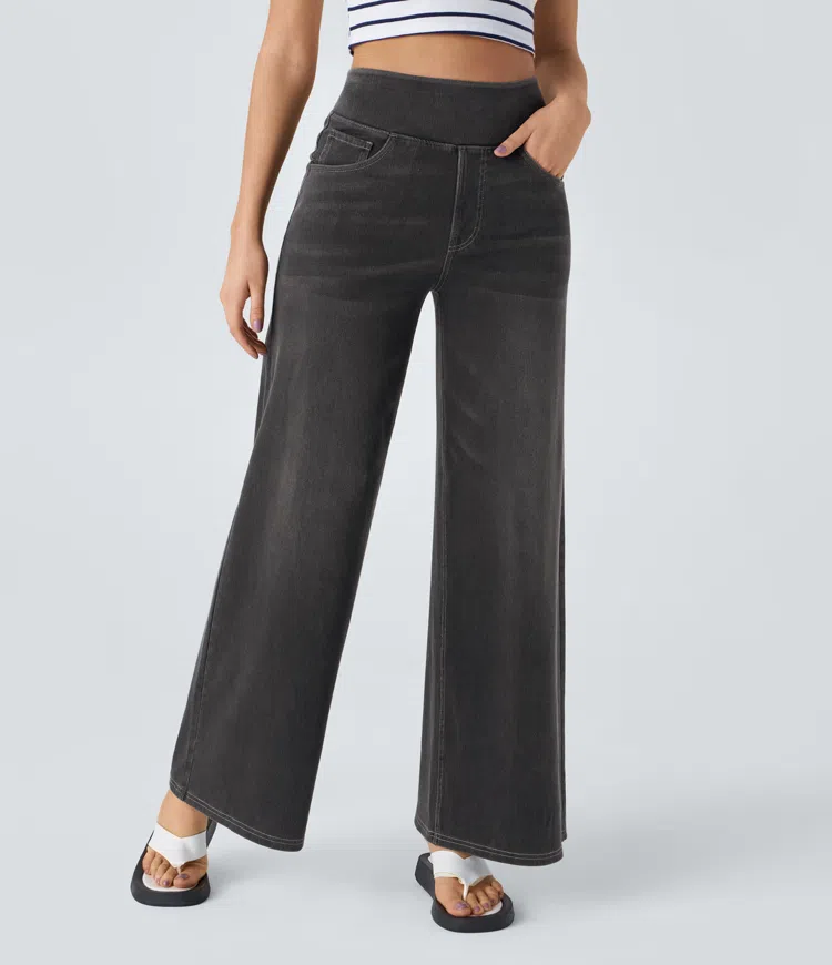 Women's Stretch Denim High-Waisted Wide-Leg Jeans Autumn Casual Jeans