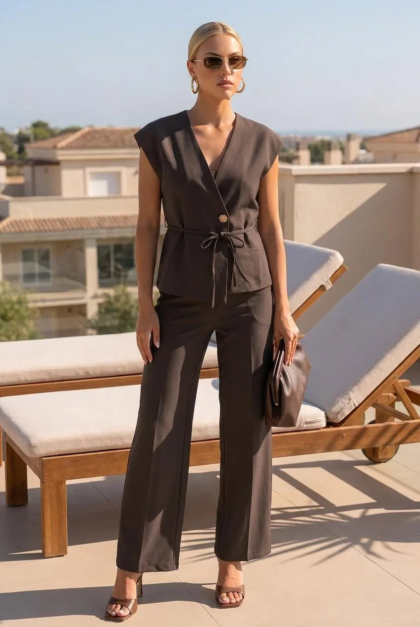 Women's Wool Blend Vest and Palazzo Pants Set Autumn Suit