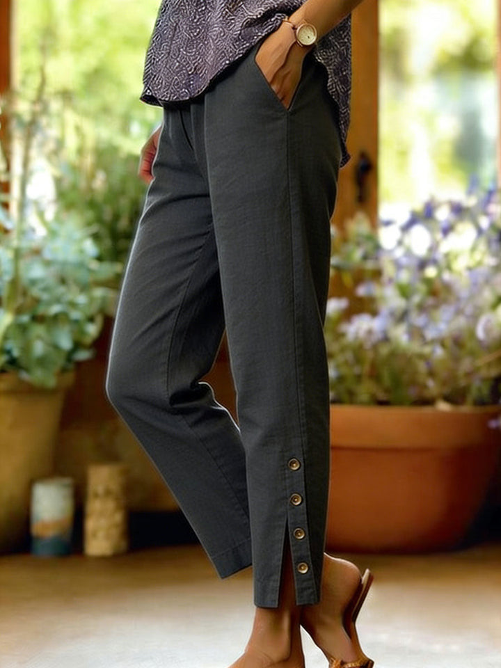 Women's Cotton Linen Loose Pants Autumn Wide-Leg Button Trousers