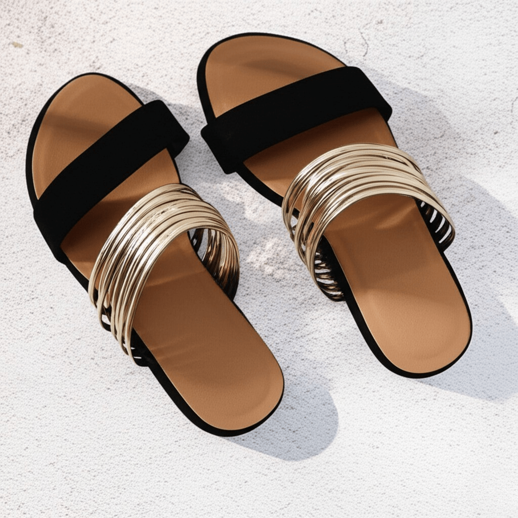 Women's Flat Strappy Sandals with Metallic Details for Autumn Casual Wear