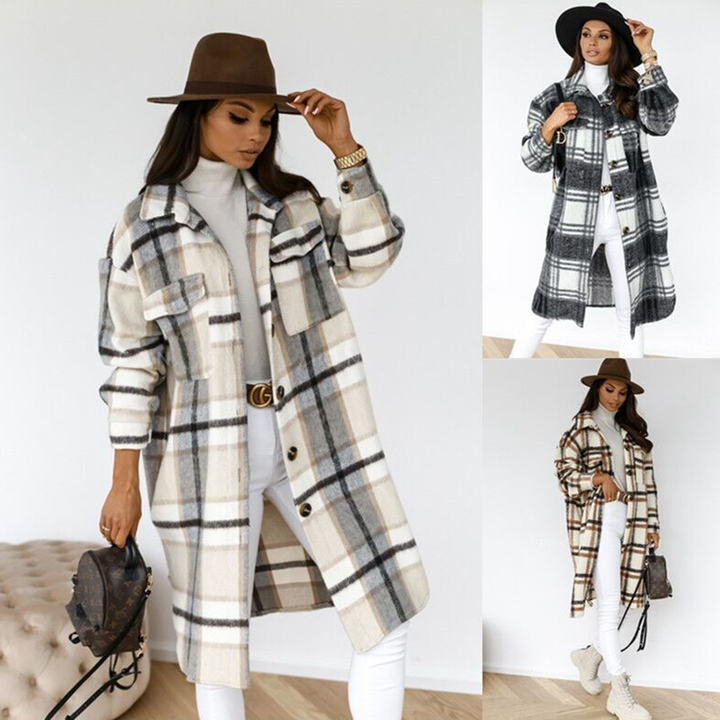 Stylish Checkered Long Jacket for Women - AOIFE