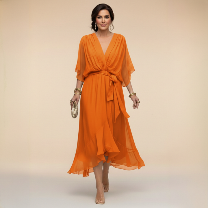 Women's Chiffon Midi Dress with V-Neck and Belt for Autumn Occasions