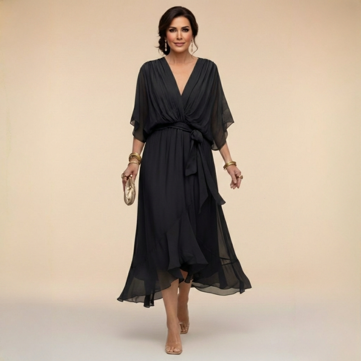 Women's Chiffon Midi Dress with V-Neck and Belt for Autumn Occasions