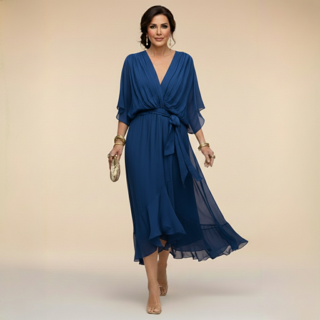 Women's Chiffon Midi Dress with V-Neck and Belt for Autumn Occasions