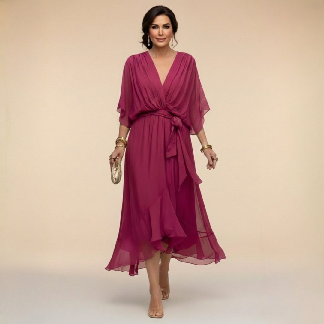 Women's Chiffon Midi Dress with V-Neck and Belt for Autumn Occasions