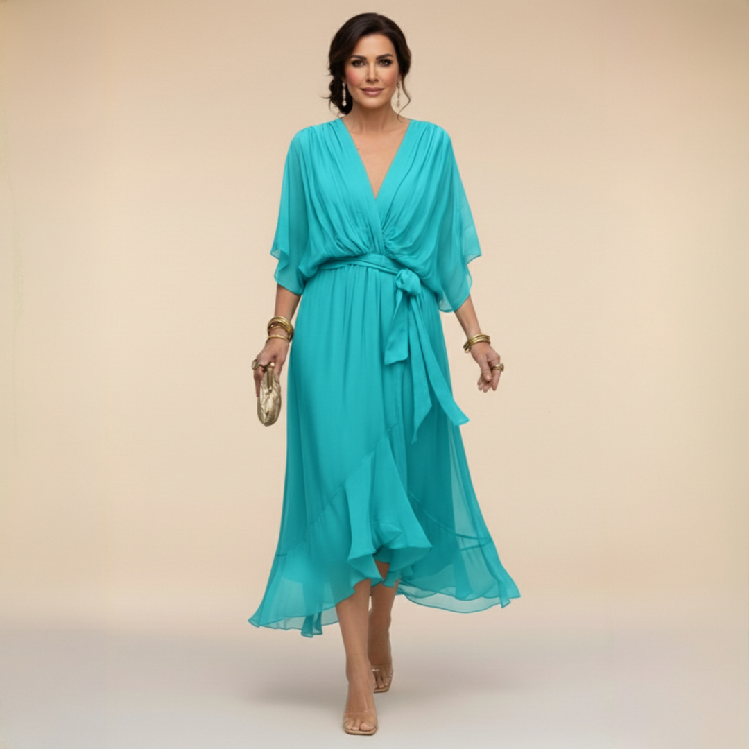 Women's Chiffon Midi Dress with V-Neck and Belt for Autumn Occasions