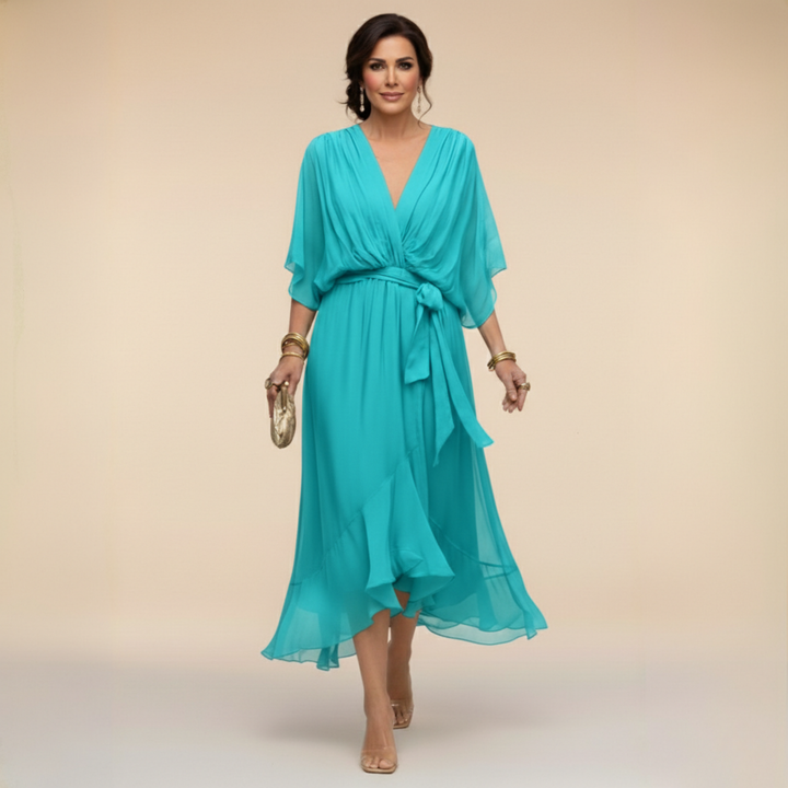 Women's Chiffon Midi Dress with V-Neck and Belt for Autumn Occasions