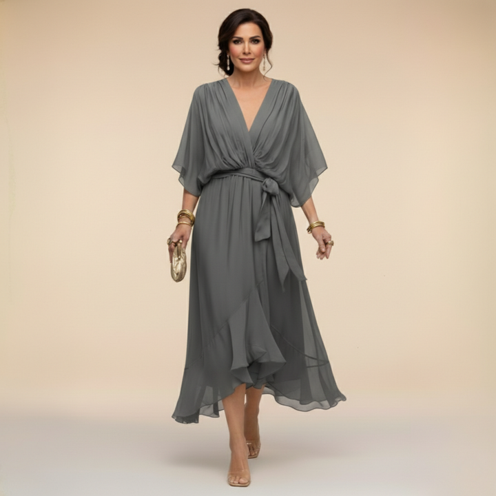 Women's Chiffon Midi Dress with V-Neck and Belt for Autumn Occasions