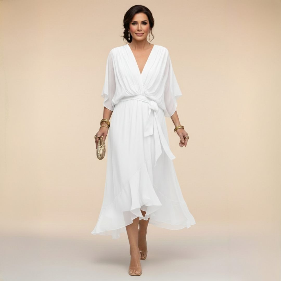 Women's Chiffon Midi Dress with V-Neck and Belt for Autumn Occasions