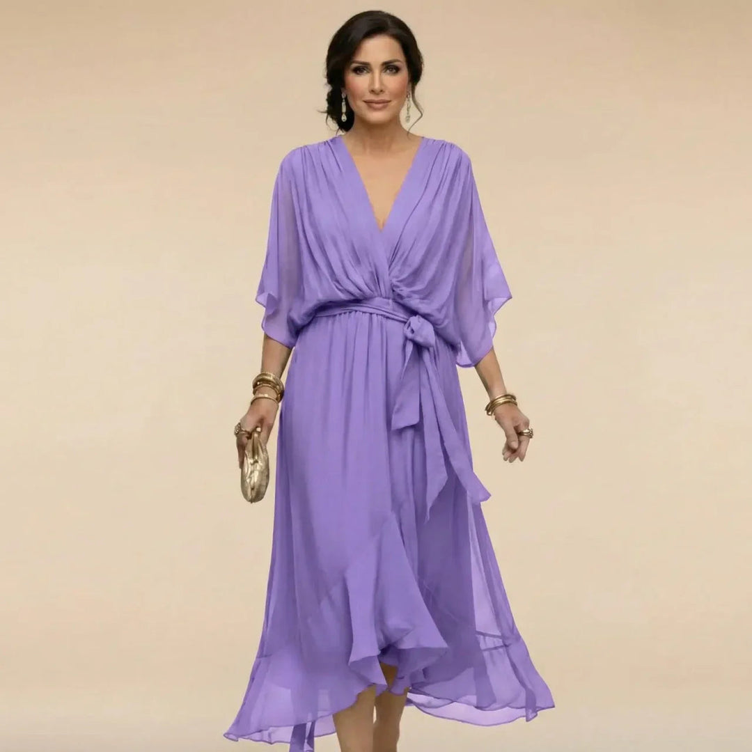 Women's Chiffon Midi Dress with V-Neck and Belt for Autumn Occasions