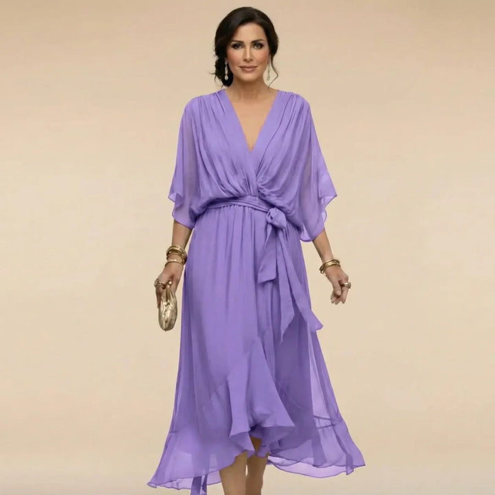 Women's Chiffon Midi Dress with V-Neck and Belt for Autumn Occasions