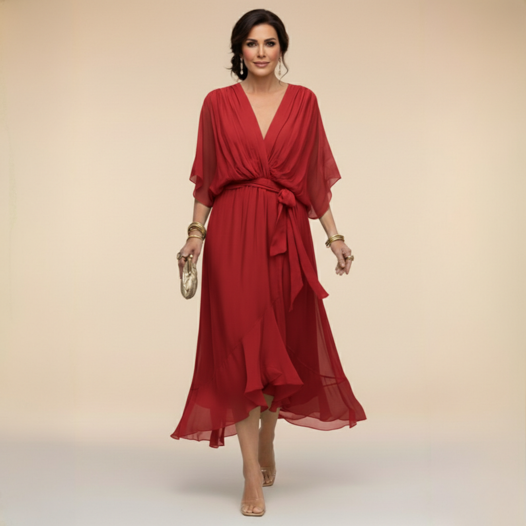 Women's Chiffon Midi Dress with V-Neck and Belt for Autumn Occasions